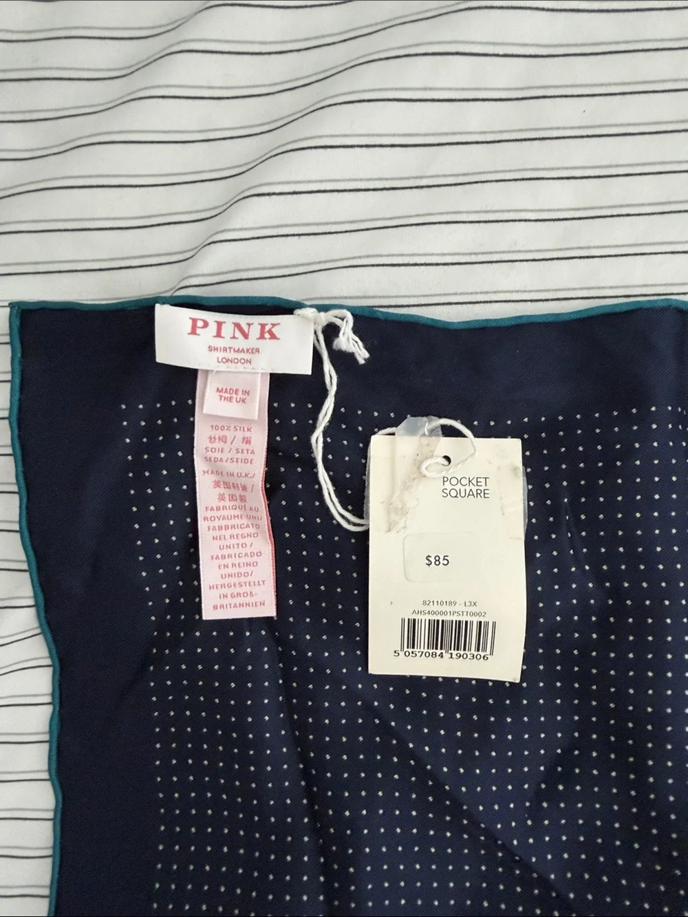 Thomas Pink Navy Pocket Square with Teal Trim